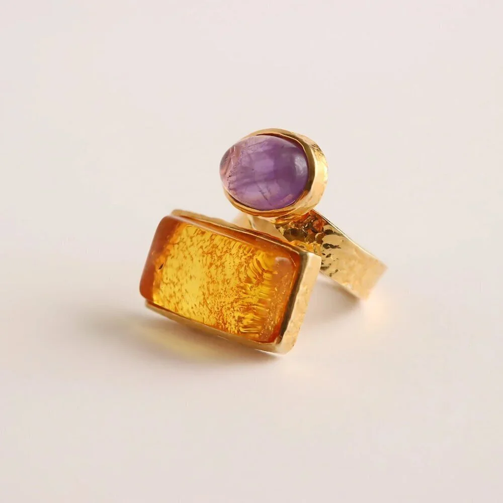 Baltic Amber And Amethyst Gold Ring- 14k Gold Plated s925
